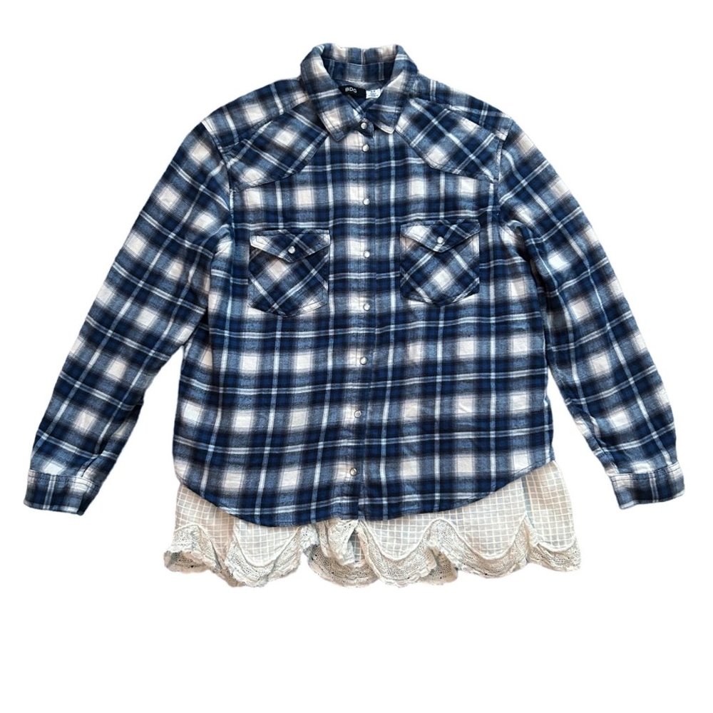 BDG Urban Outfitters Blue And White Plaid Flannel Lace Petticoat Shirt Size Sm